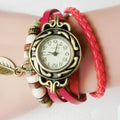 Women's Vintage Leather Wrap Bracelet Watch | Leaf Pendant Leather Bracelet Watch Qme Red No