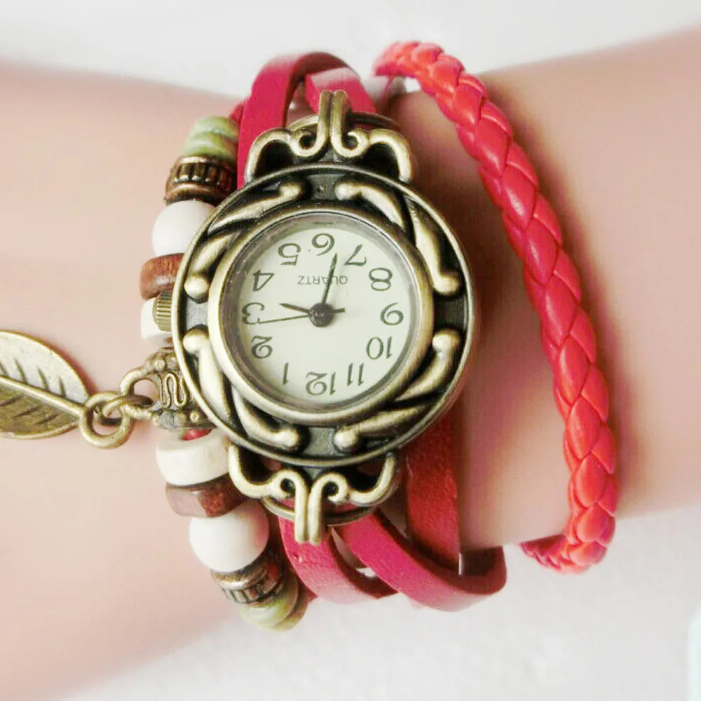 Women's Vintage Leather Wrap Bracelet Watch | Leaf Pendant Leather Bracelet Watch Qme Red No