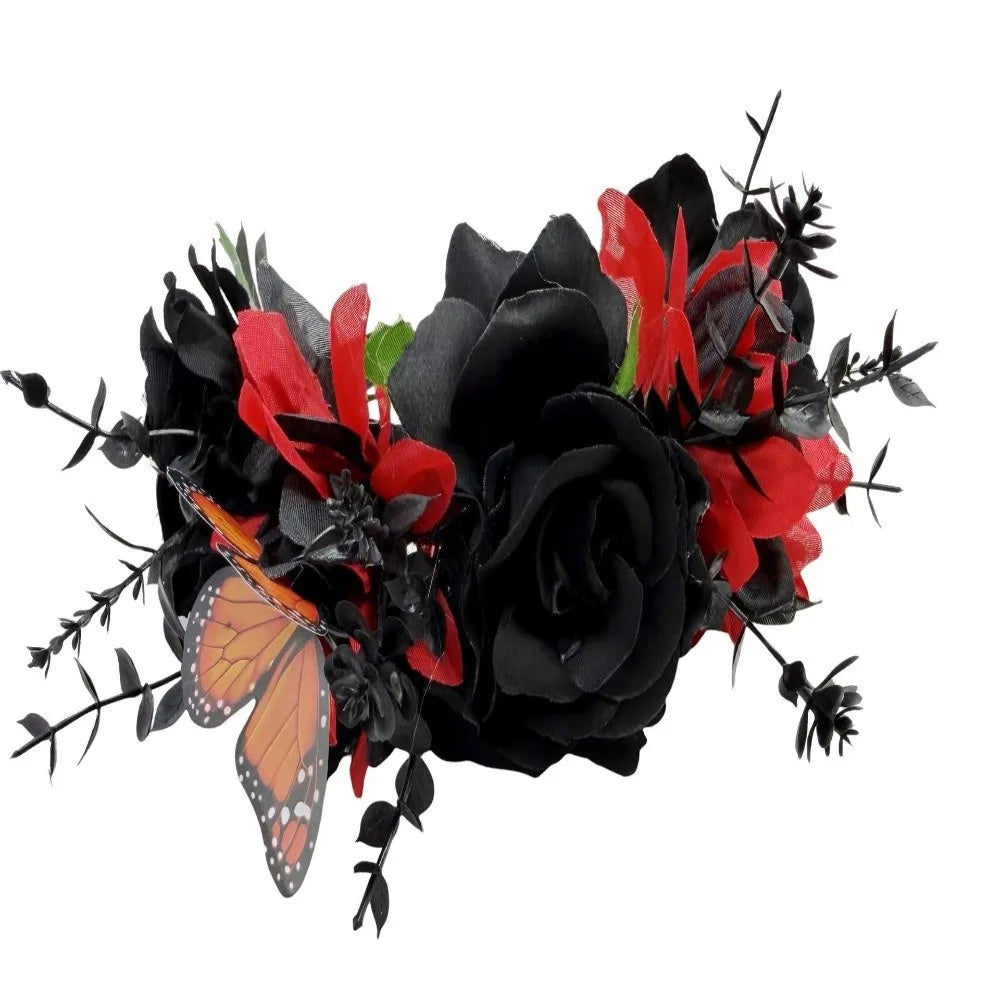 Gothic Rose Flower Crown with Butterfly – Halloween Headband Flower Crown Headband Qme