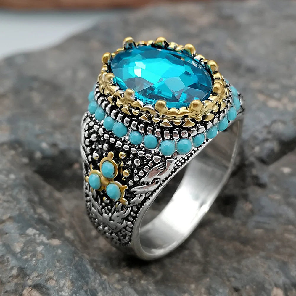 Men's Handmade Turkish Turquoise Gem Ring – Vintage Punk Style Men's Gemstone Ring Qme