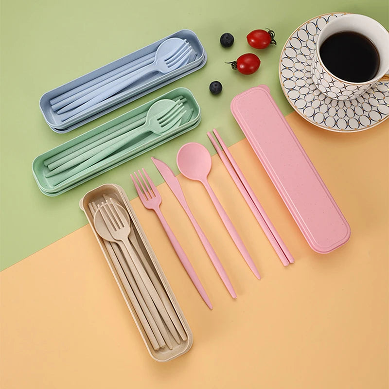 4-Piece Reusable Wheat Straw Cutlery Set with Carry Box Portable Cutlery Set Qst