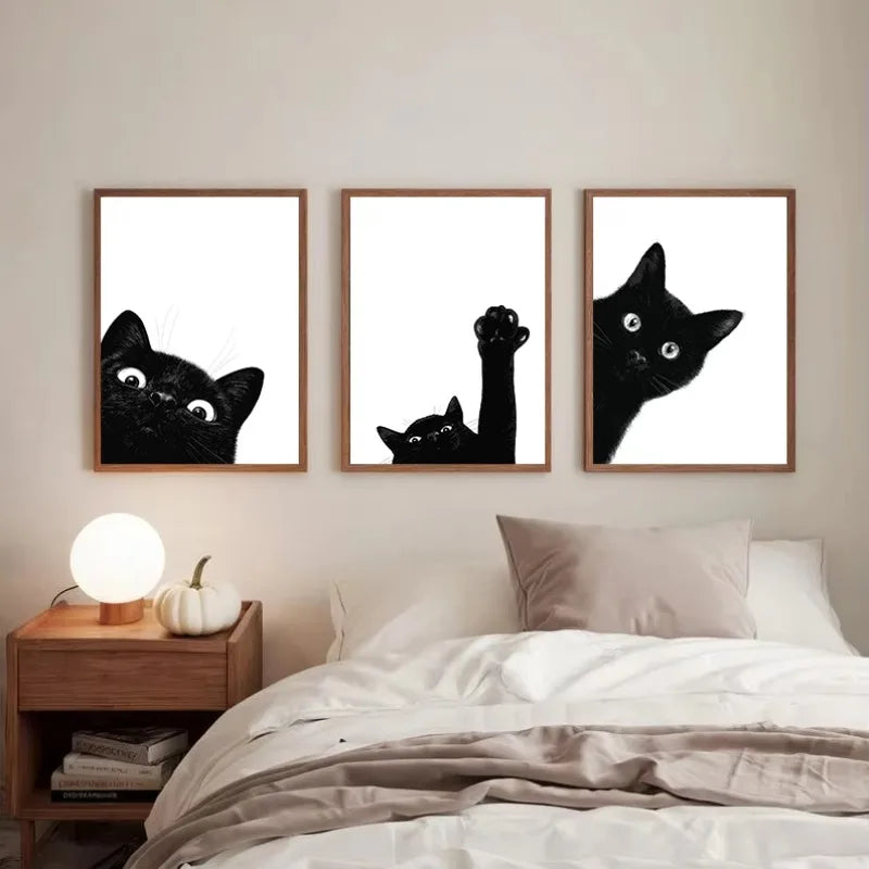 Peeking Black Cat Canvas Wall Art – Minimalist Cat Poster Canvas Wall Art Qst