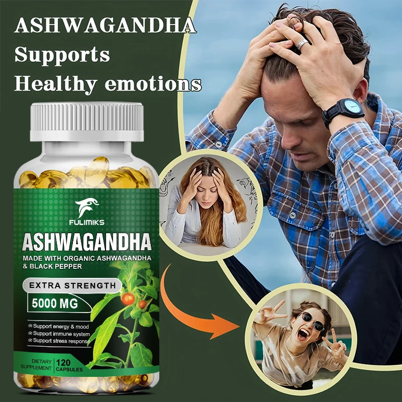 Ashwagandha KSM-66 5000mg + MACA Capsules | Focus & Energy Herbal Supplement Qst