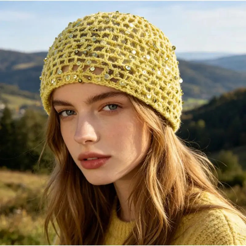 Women's Y2K Sequin Knitted Bucket Hat – Hollow Crochet Style Knitted Bucket Hat Qst Yellow