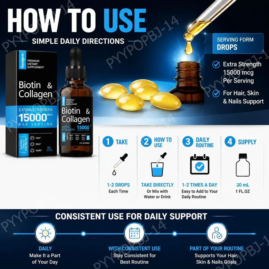 Googeer Biotin & Collagen Drops 15000mcg Extra Strength 30ml Biotin Collagen Drops Qst