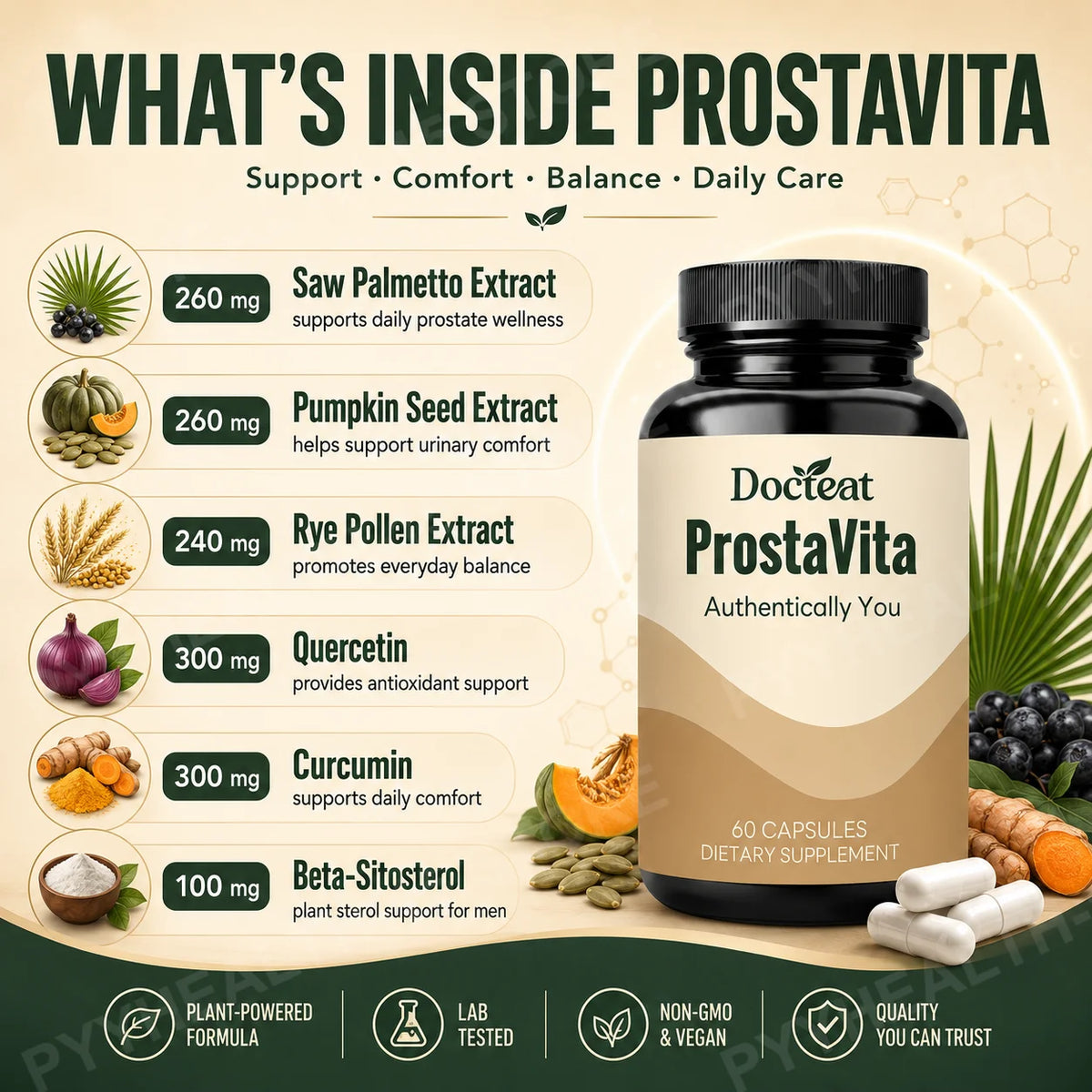 Docteat ProstaVita Men's Prostate Support Capsules 60ct Men's Health Supplement Qst