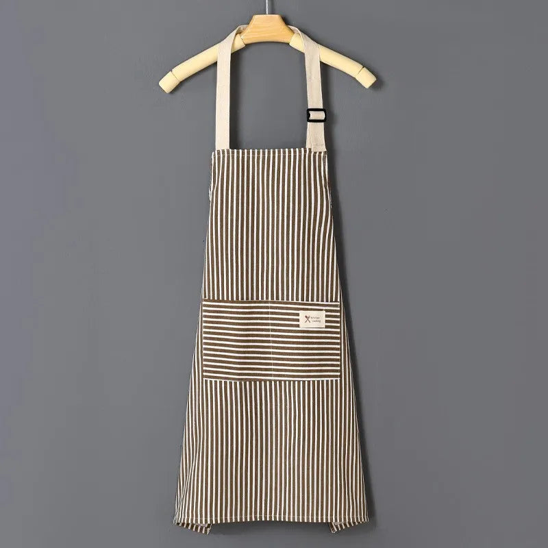 Striped Linen Kitchen Apron – Adjustable Strap & Pocket Kitchen Apron Qme Coffee 1pc