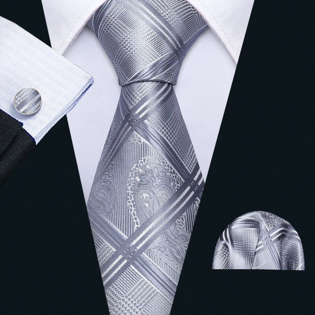 Barry Wang Black Geometric Silk Necktie & Handkerchief Set Necktie & Handkerchief Set Qme 5153