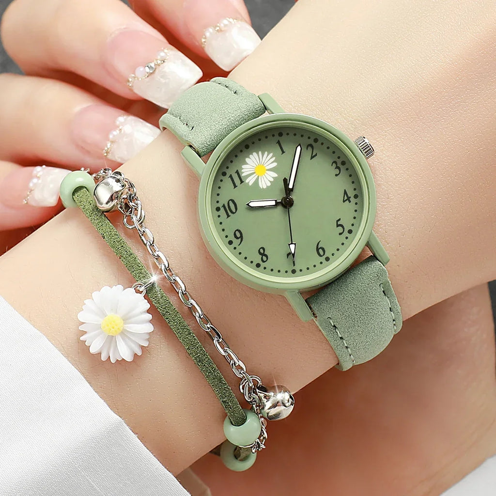 Women's Casual Quartz Watch & Leather Bracelet Set – 2 Piece Watch & Bracelet Set Qme green