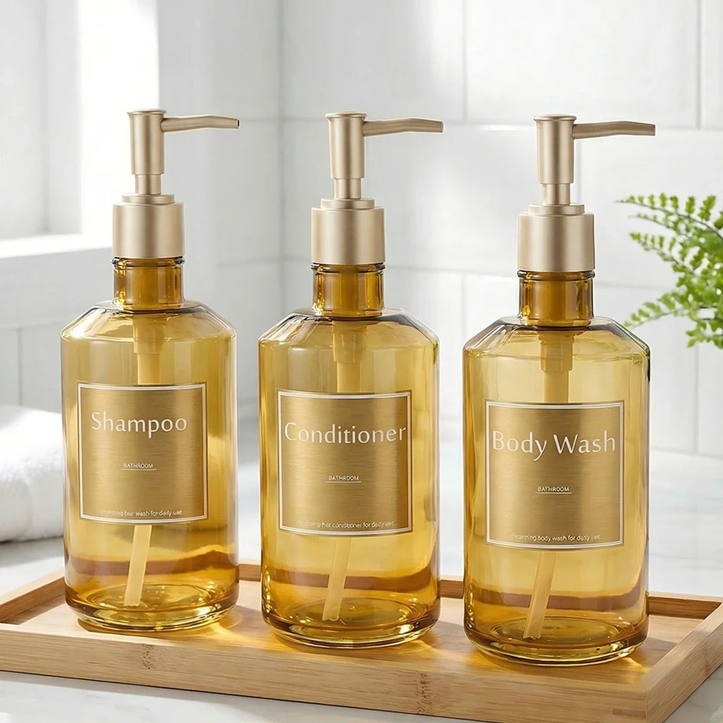 Luxury Gold Shower Soap Dispenser Bottles with Waterproof Labels Soap Dispenser Set Qme