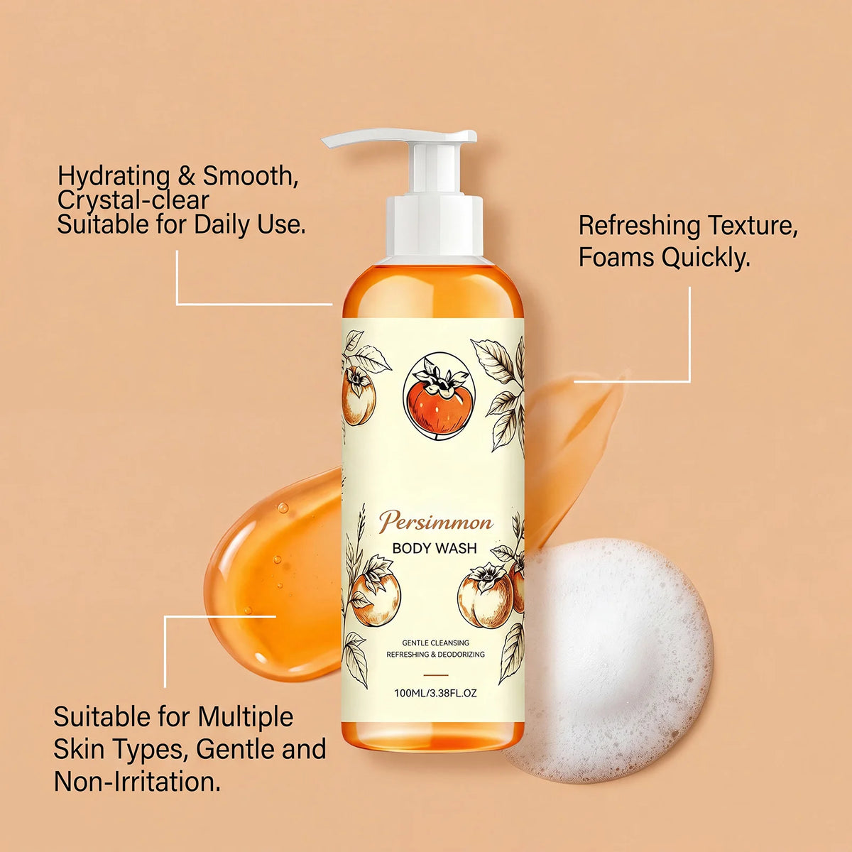 Persimmon Body Wash Gel 100ml – Moisturizing Shower Gel Body Wash Gel Qst