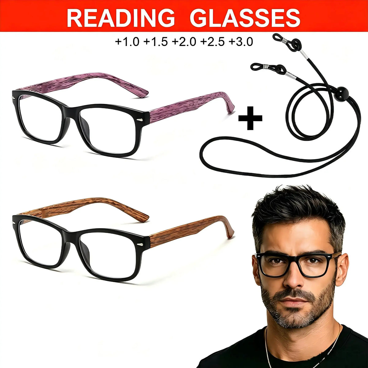 VOPHA Men's Wood-Look Rectangle Reading Glasses & Strap L73 Reading Glasses Qst