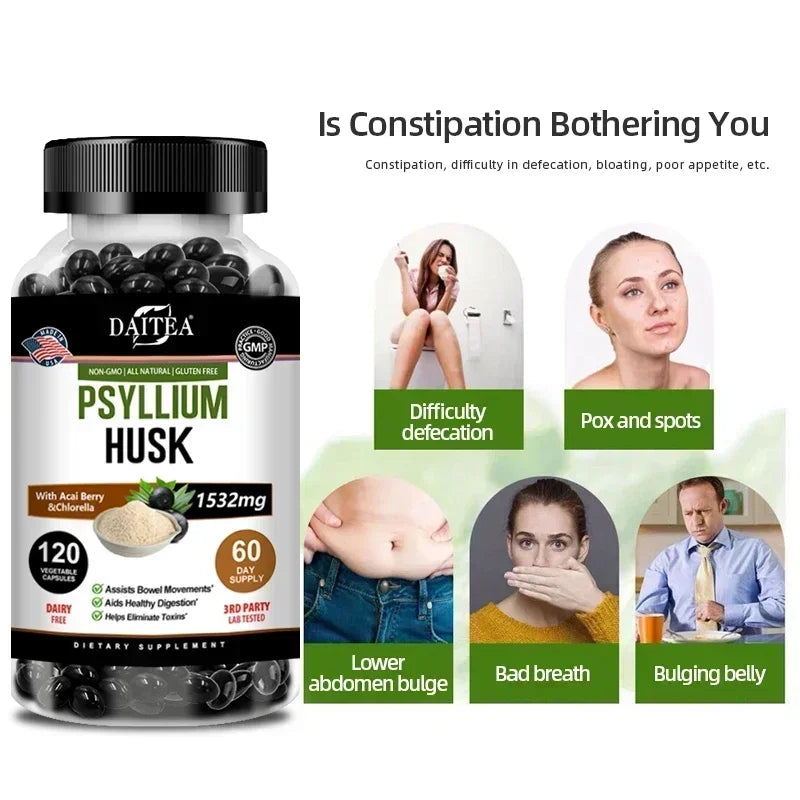 Psyllium Husk Capsules – Non-GMO, Gluten-Free Natural Fiber Fiber Supplement Qst