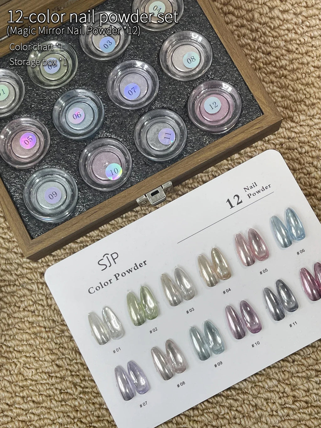 12-Color Mirror Nail Powder Set with Cards & Storage Box Mirror Nail Powder Kit Qme