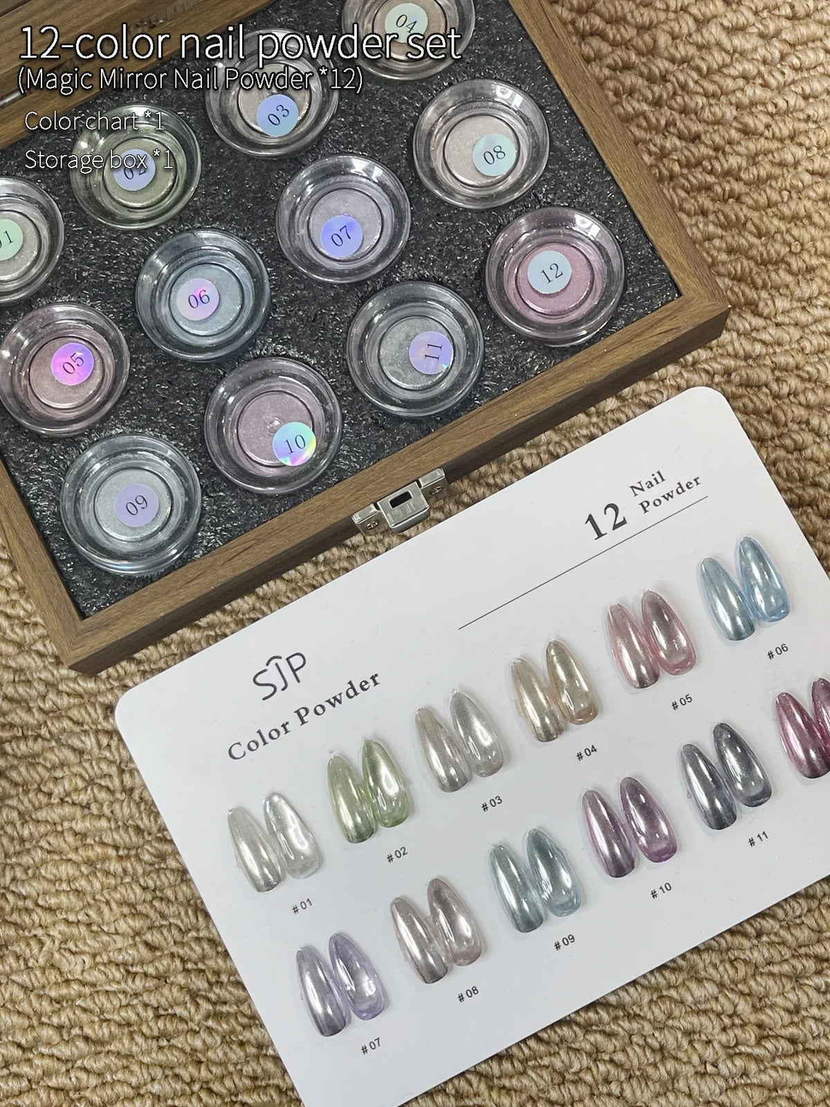 12-Color Mirror Nail Powder Set with Cards & Storage Box Mirror Nail Powder Kit Qme