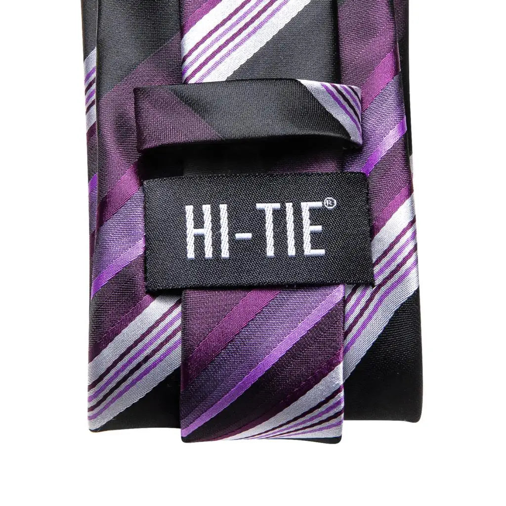 Hi-Tie Silk Striped Purple White Necktie Set with Brooch Silk Necktie Set Qme