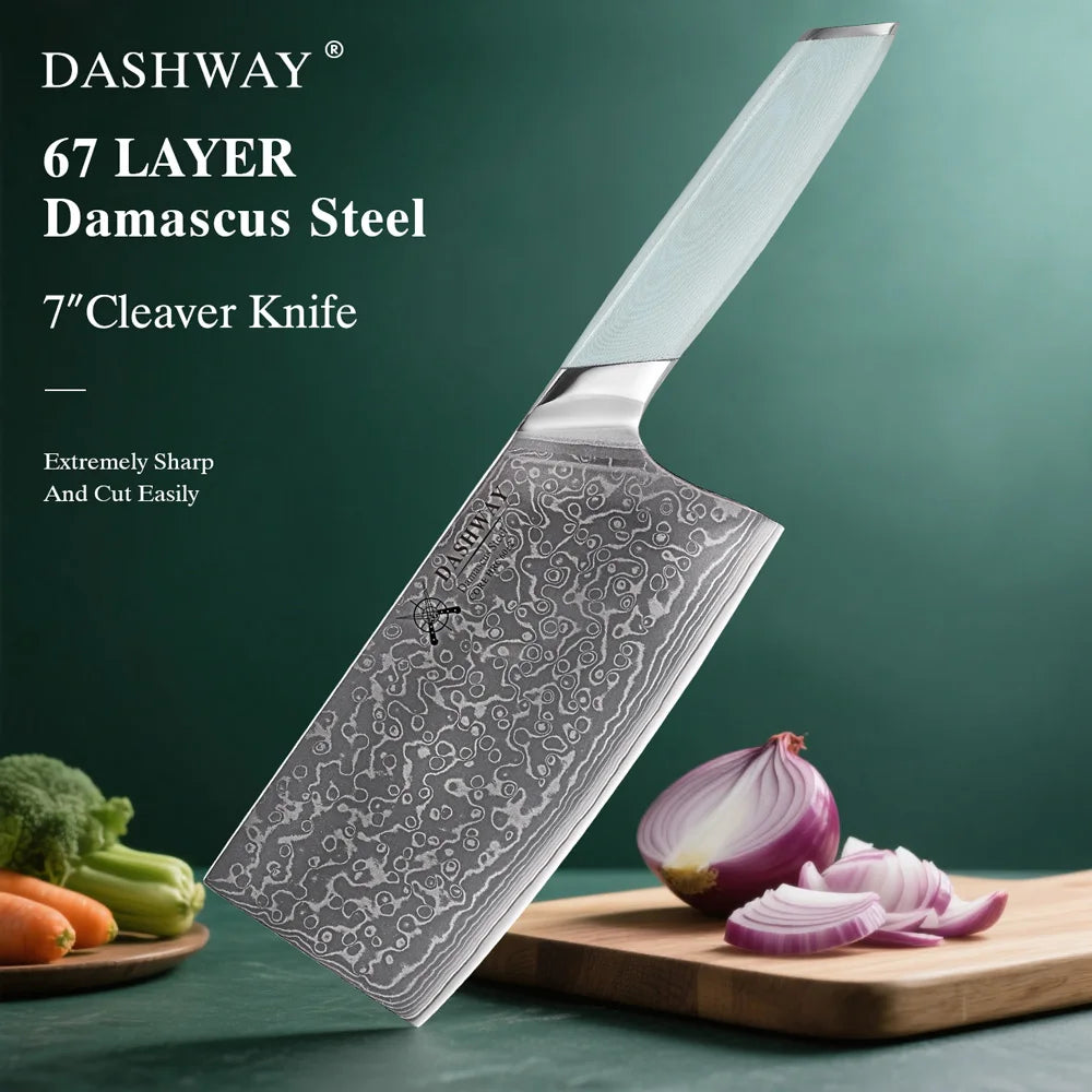 DASHWAY 7" Damascus Steel Cleaver – Professional Chef Knife Damascus Cleaver Knife Qst Cleaver Knife 7 inch