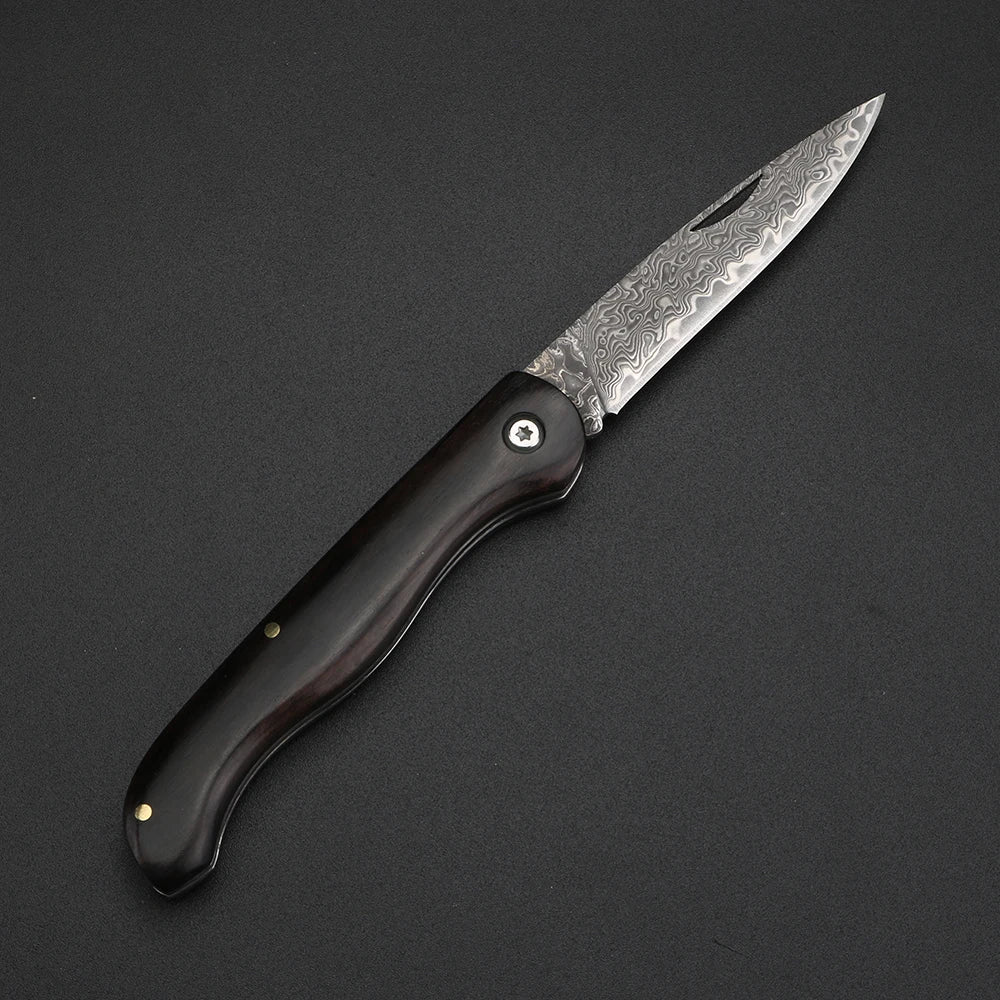 98K Damascus Folding Knife – Sandalwood Handle Camping Blade Folding Knife Qst