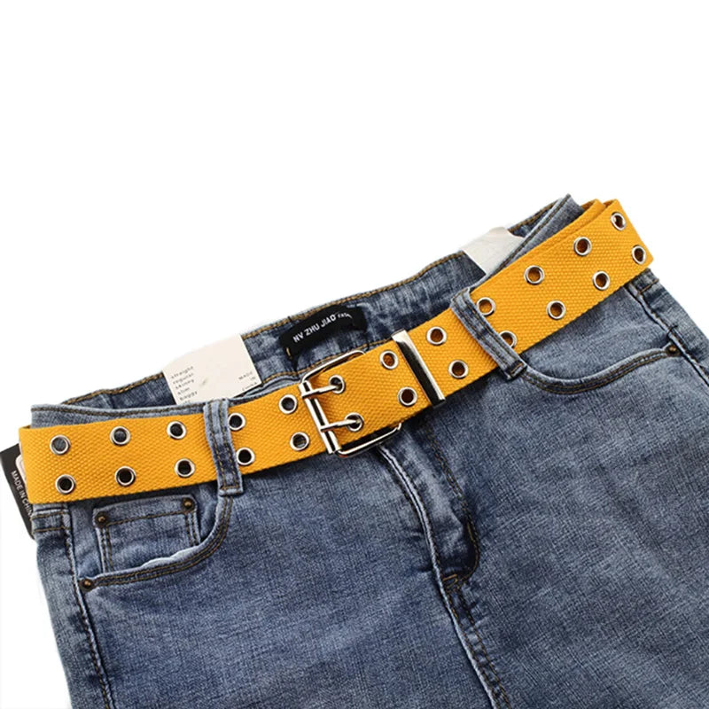 Women's Studded Grommet 2-Row Canvas Pin Buckle Belt 105cm Canvas Fashion Belt Qst Yellow