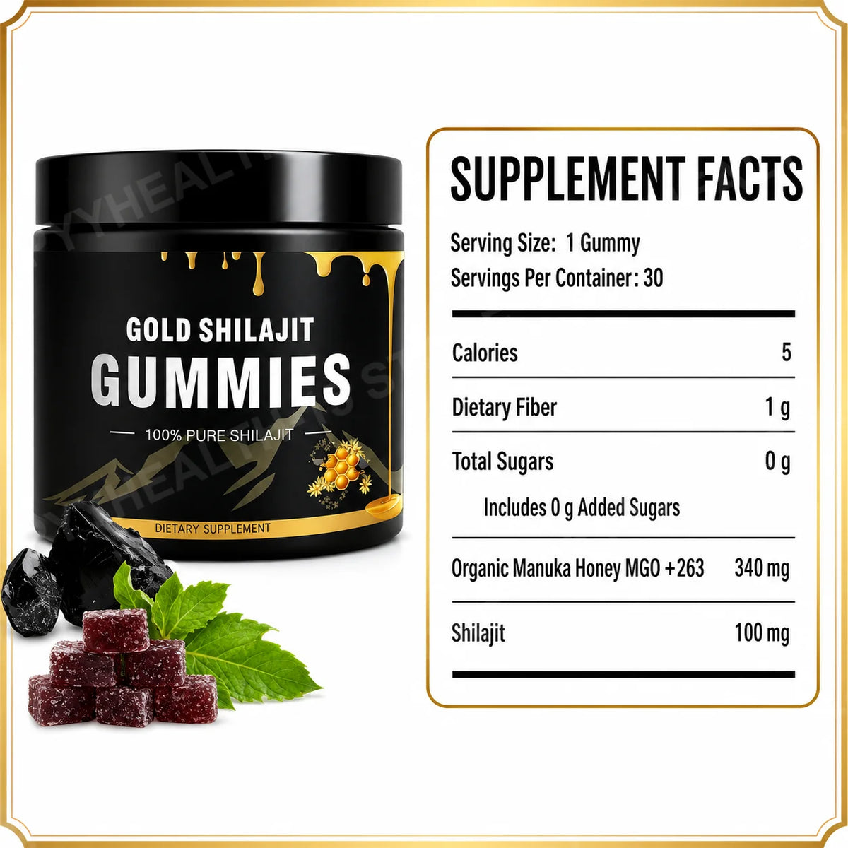 Shilajit Gummies with Manuka Honey | Energy & Focus, 100mg 30ct Wellness Gummy Supplement Qst