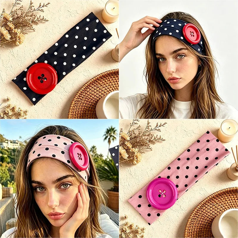 Y2K Wide Polka Dot Elastic Headband – Big Button Hair Hoop Wide Elastic Headband Qme