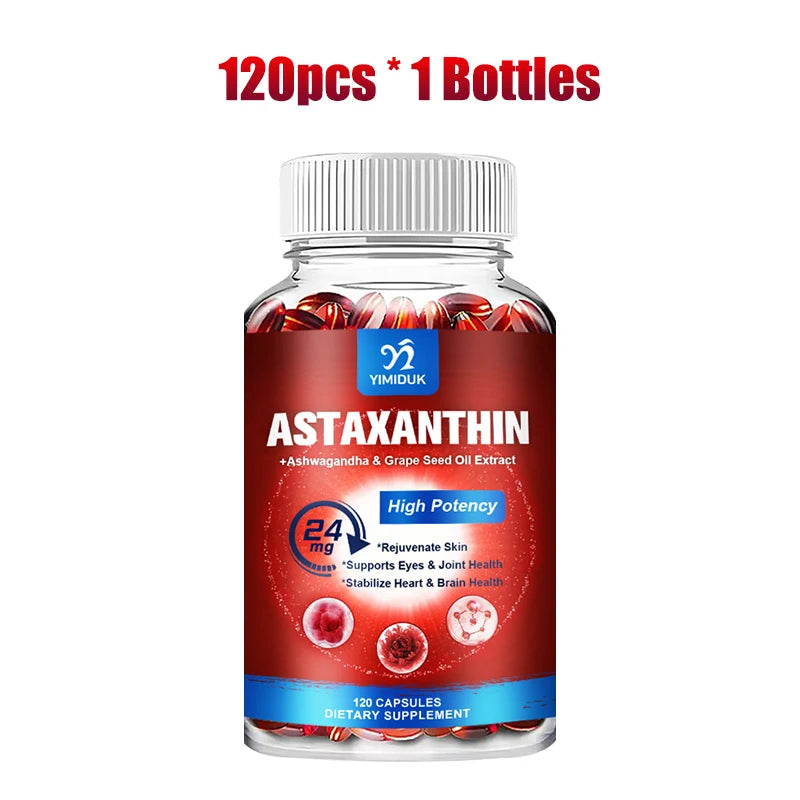 Yimiduk Astaxanthin 24mg – Grape Seed Oil & Ashwagandha, 120ct Antioxidant Supplement Qst 120pcs