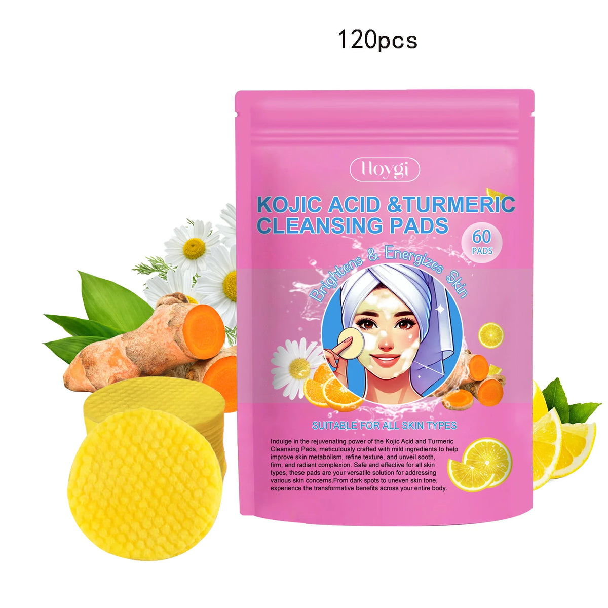Turmeric & Kojic Acid Facial Cleanser Pads – 40/60 Pcs Facial Cleanser Pads Qst 120pcs boxed