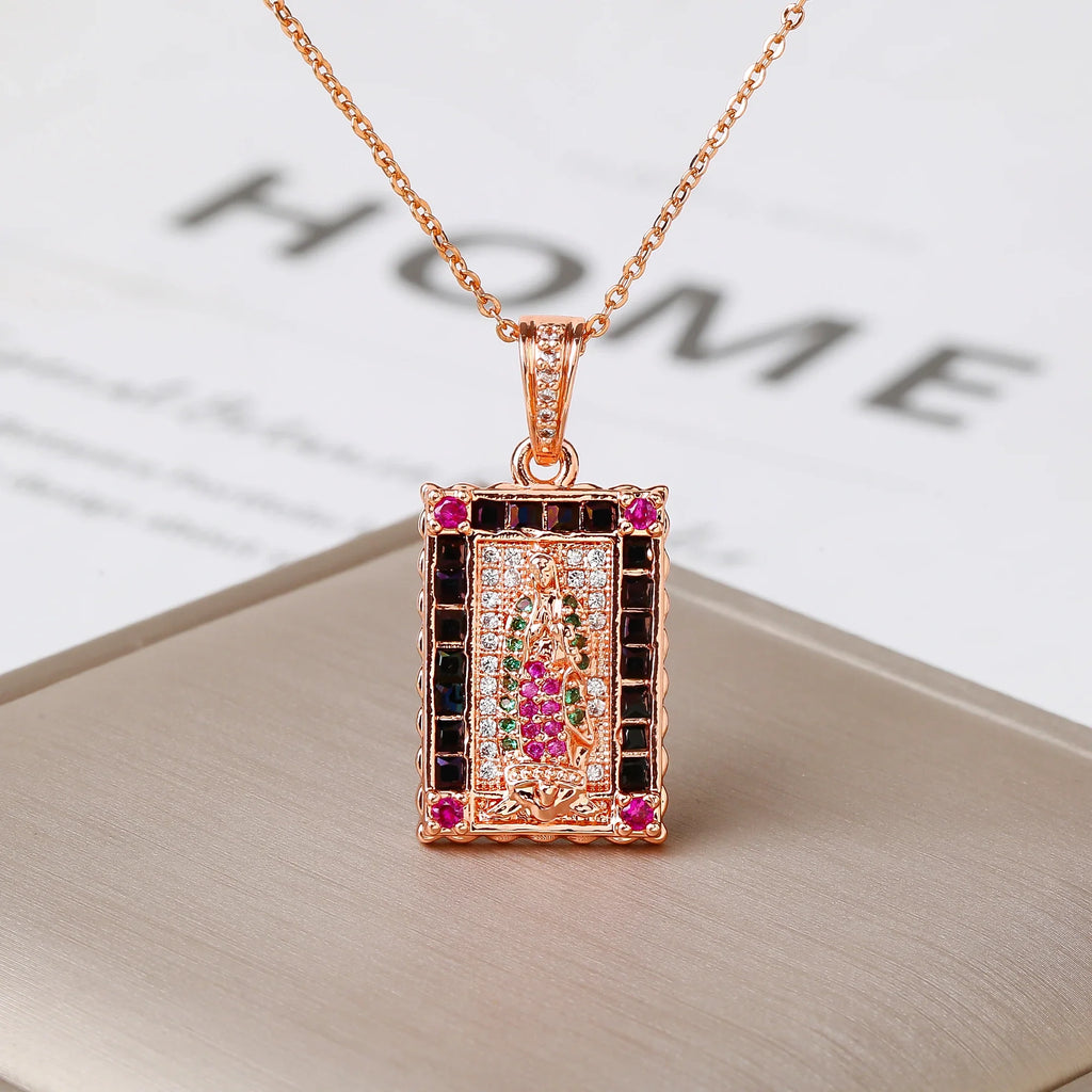 Zirconia Virgin Mary Pendant Necklace | Gold Plated CZ Religious Pendant Necklace Qme 3