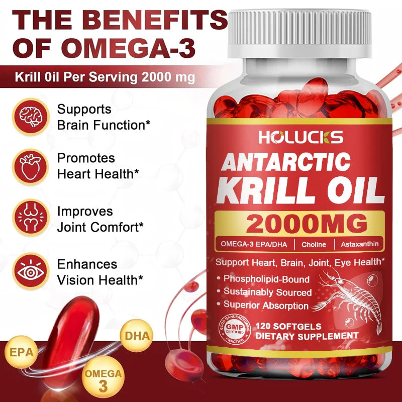HOLUCKS Antarctic Krill Oil 2000mg – Omega-3 EPA DHA Capsules Krill Oil Supplement Qst