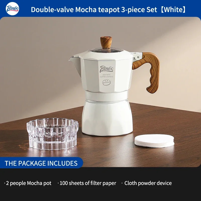 Bincoo Dual Valve Moka Pot Espresso Set with Electric Stove Moka Pot Set Qst 3pcs set white