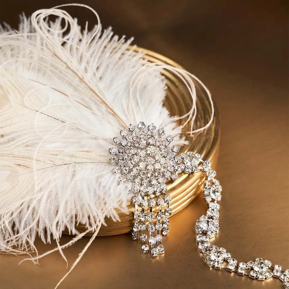 1920s Feather Headband | Sequin Rhinestone Masquerade Hair Band Feather Headband Qme