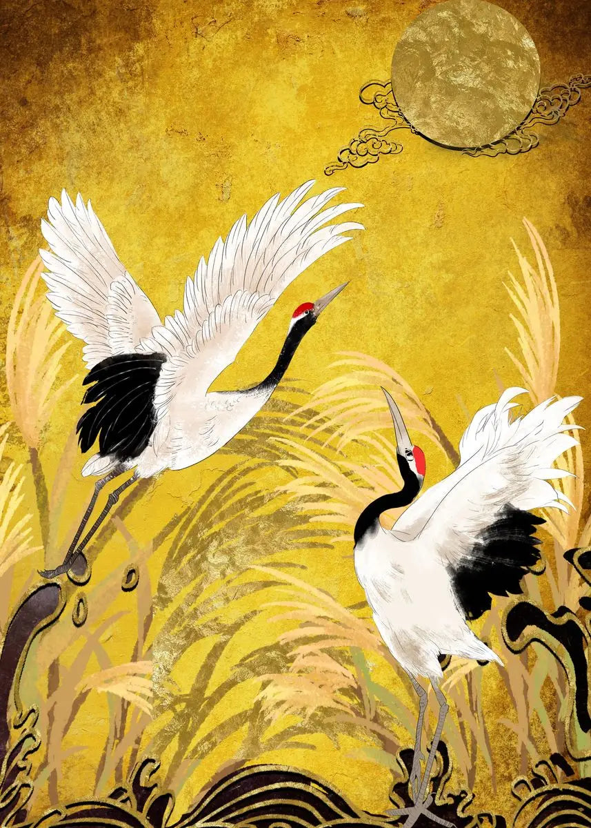 Retro Golden Crane Canvas Wall Art – Vintage Bird Poster Print Canvas Wall Art Qst E 50X70cm No Framed