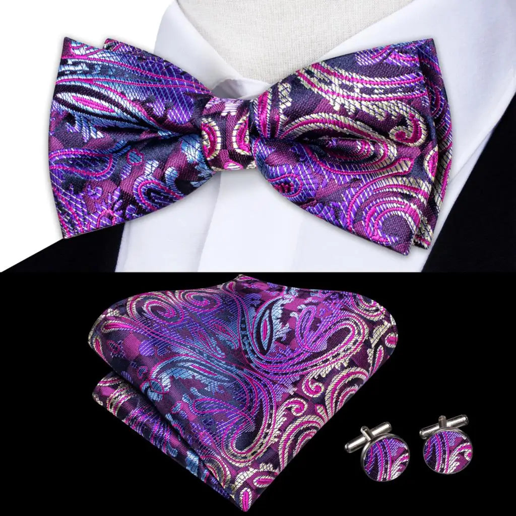 Men's Silk Bow Tie, Pocket Square & Cufflinks Set – Purple Bow Tie Gift Set Qme LDLH2521