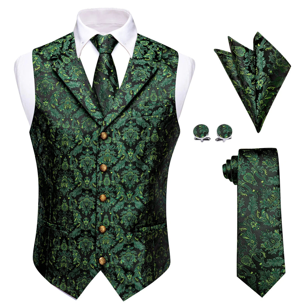 Men's Green Floral Waistcoat Vest, Tie, Hanky & Cufflinks Set Formal Waistcoat Set Qme MJTZ9009 M