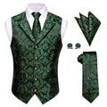 Men's Green Floral Waistcoat Vest, Tie, Hanky & Cufflinks Set Formal Waistcoat Set Qme MJTZ9009 M
