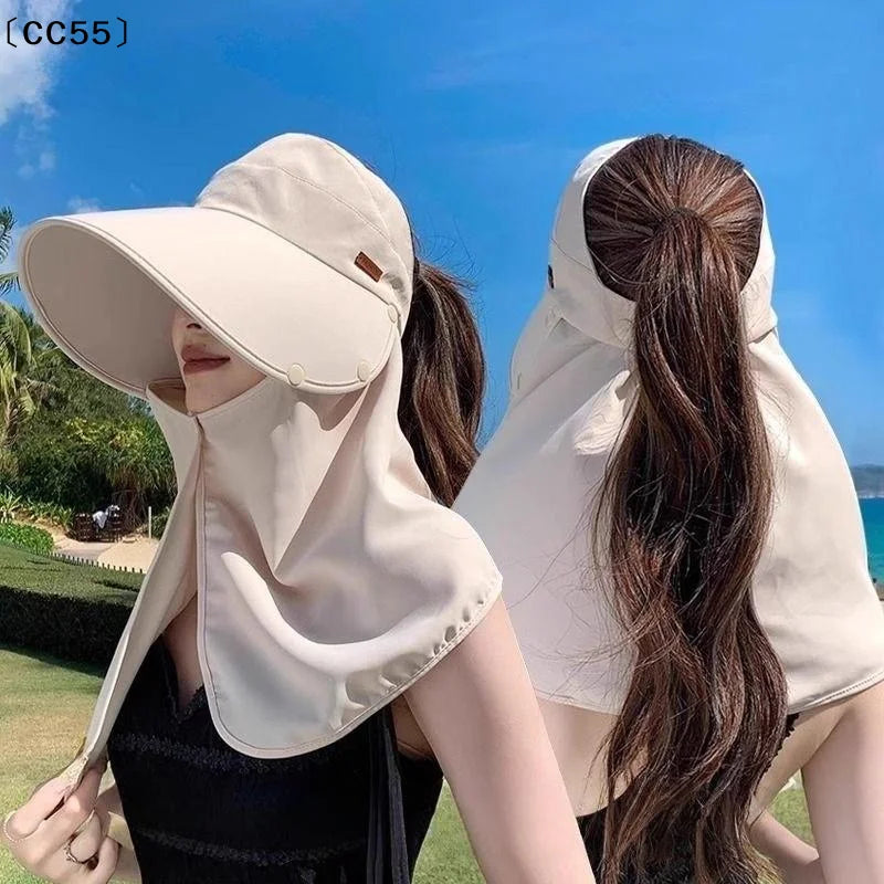 Women's Wide-Brim UV Sun Hat with Detachable Neck Shawl Sun Visor Hat Qst