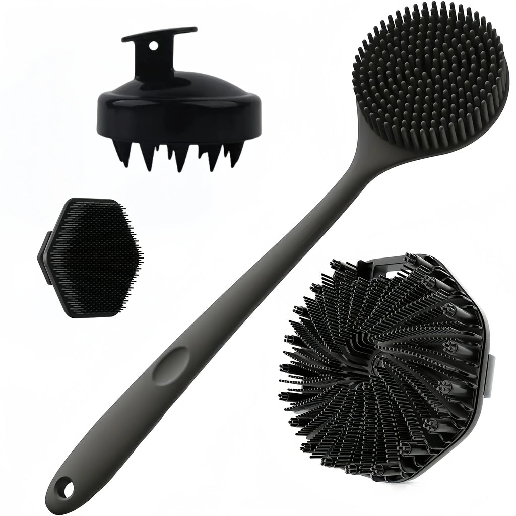 Long Handle Silicone Bath Brush – Body, Back & Face Exfoliating Silicone Bath Brush Qme Black 4Pcs set