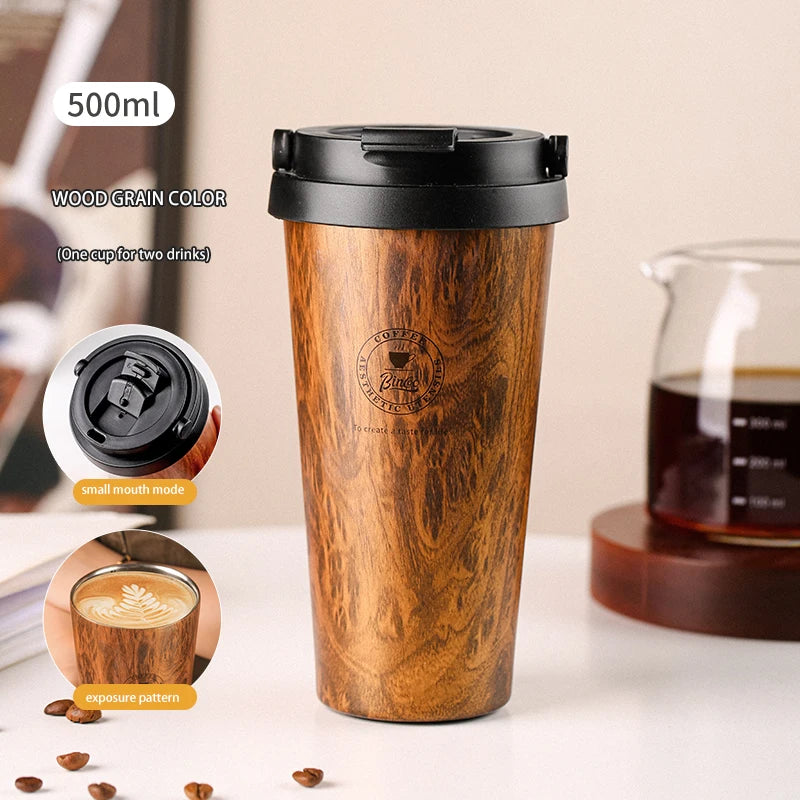 Bincoo 500ml Retro Woodgrain Travel Mug – Insulated Thermos Travel Mug Thermos Qst 500ML