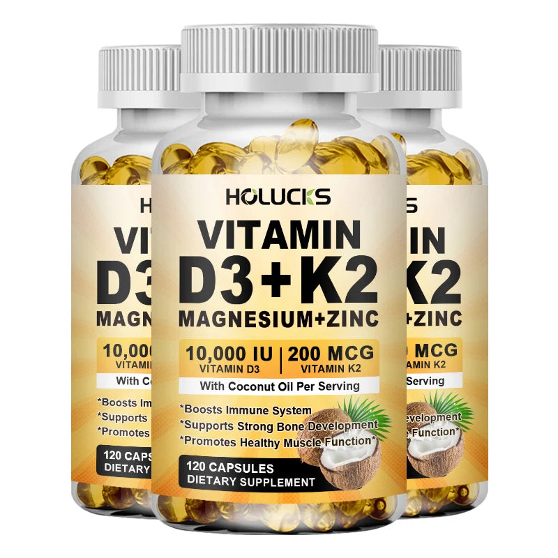HOLUCKS D3+K2 Capsules with Magnesium & Zinc | 60/120 Count Vitamin Supplement Capsules Qst 120pcs - 3 BOX