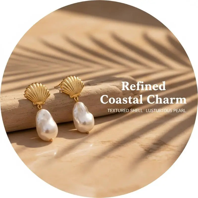 Bohemian Shell Pearl Gold Drop Earrings – Boho Beach Dangles Drop Earrings Qst