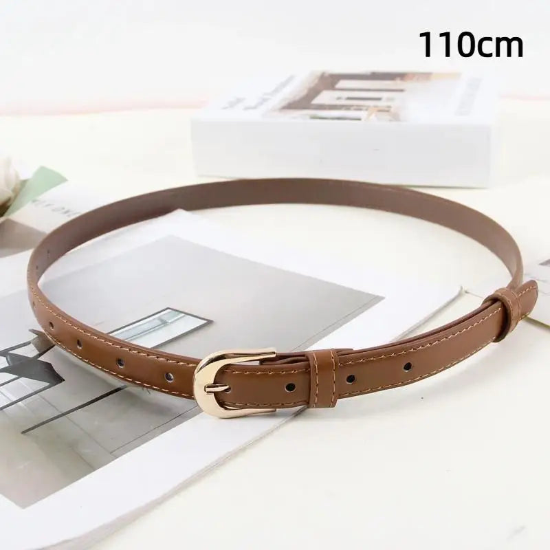 Women's 2cm PU Leather Belt – Western Metal Buckle Slim Fashion Belt Qst Coffee2