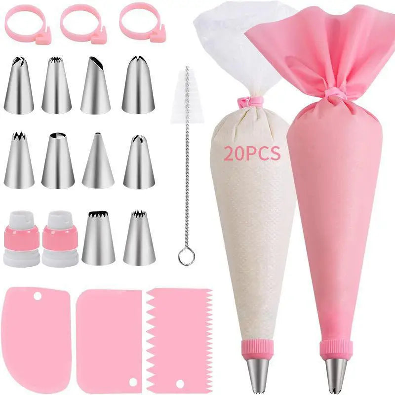 40-Pc Reusable Piping Bags & Stainless Steel Nozzle Tips Set Cake Decorating Set Qme Pink