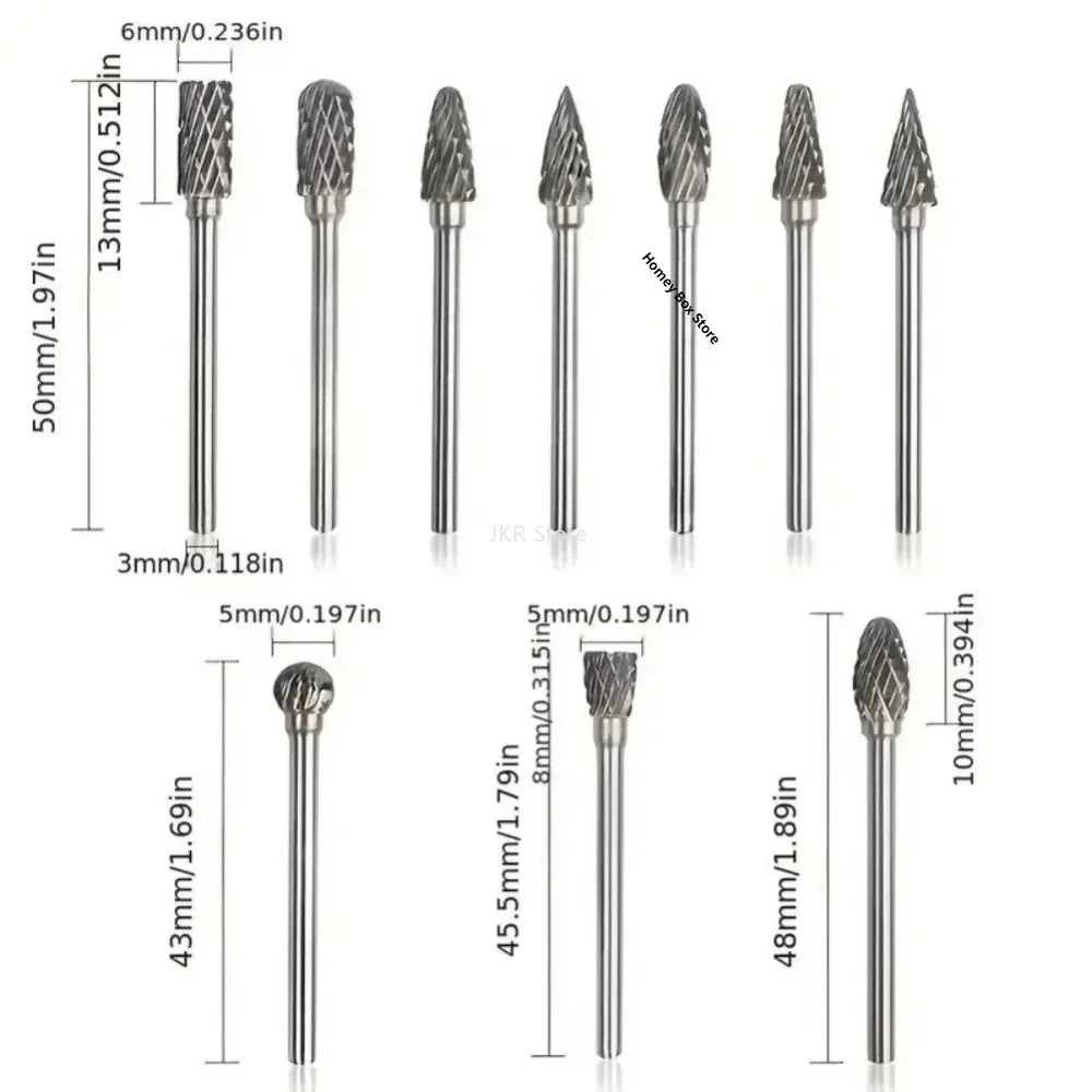 Double Cut Carbide Burr Bits 3mm Shank – 10-Pc Rotary Set Rotary Tool Bits Qme