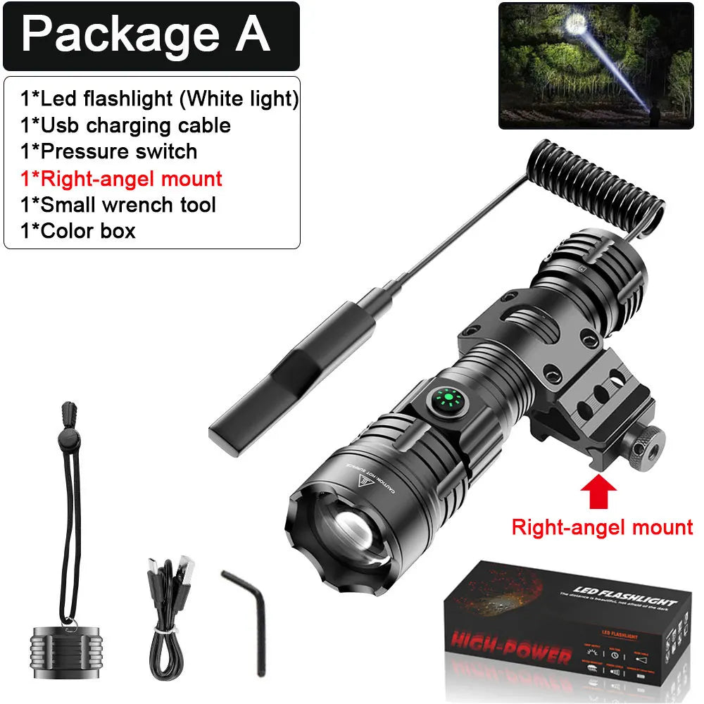 Tactical LED Flashlight 2000LM USB-C Rechargeable Zoomable Tactical Flashlight Qst Package A White With 2600mah battery
