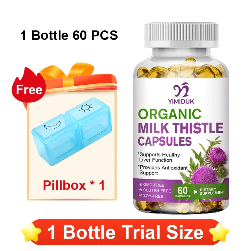 YIMIDUK Organic Milk Thistle Capsules – Liver & Antioxidant Herbal Supplement Qst 60pcs - Trial