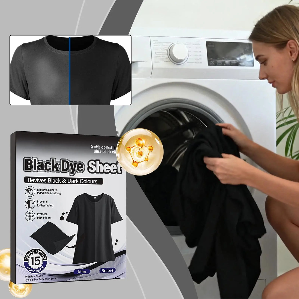 Black Clothes Dye Restorer Laundry Sheets – 15 Pack | Qme Fabric Dye Sheets Qme