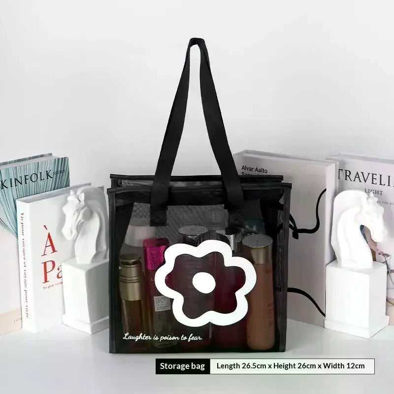 Clear Beach Tote Bag – Zipper Nylon Mesh Flower Print Nylon Mesh Tote Bag Qme