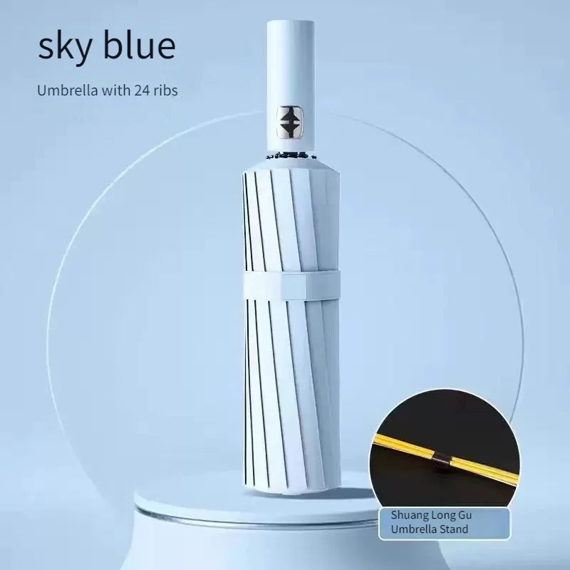 Fully Automatic 24-Bone Folding Umbrella – Sun & Rain Folding Umbrella Qst Sky bule 24K Iron