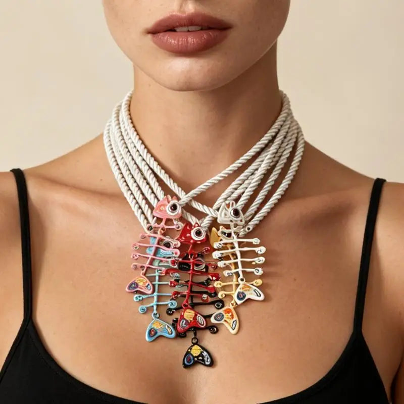 Boho Hand Woven Rope Fish Bone Pendant Necklace | 6 Colors Pendant Necklace Qme