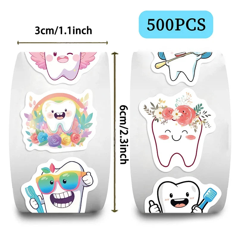 Cartoon Tooth Shaped Stickers Roll – 500pcs Dental Reward Labels Craft Sticker Roll Qme